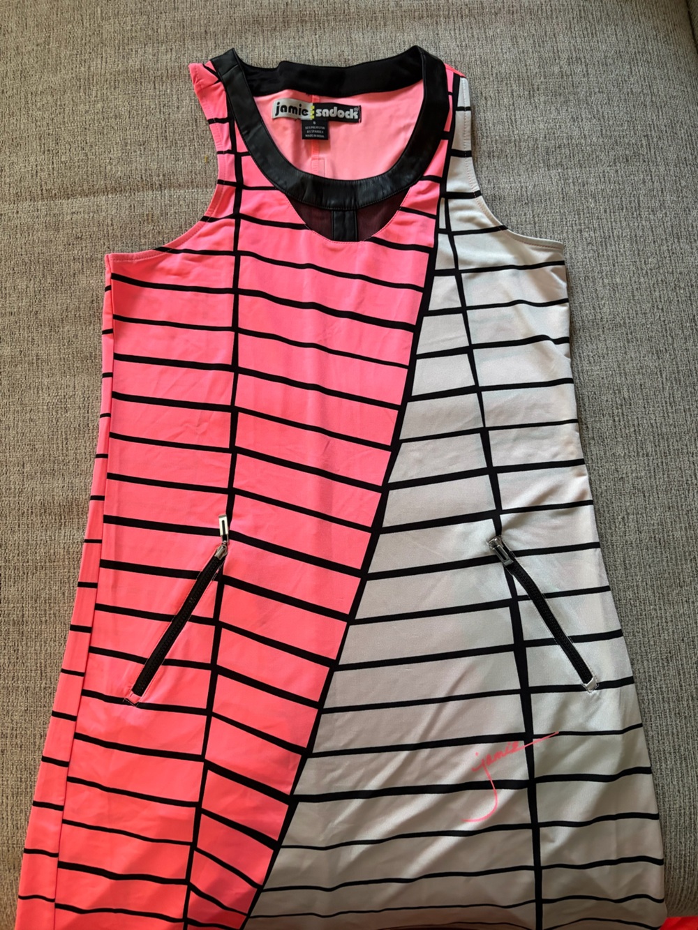 jamie sadock Neon Pink and White Striped Sleeveless Mini Dress
